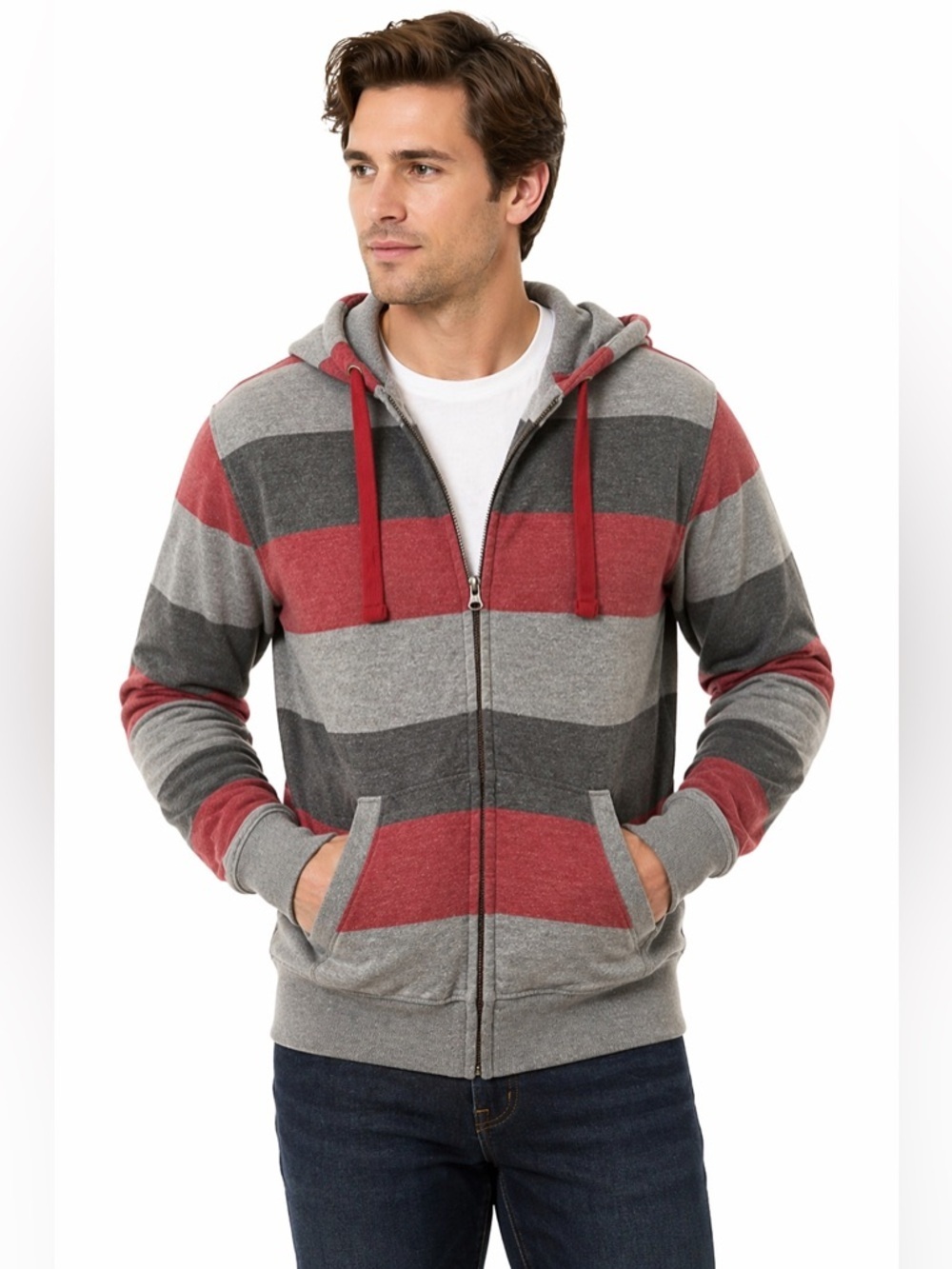 Knickerbocker Gray Red Striped Zip Hoodie Fleece Full Zip Casual Mens Mesium